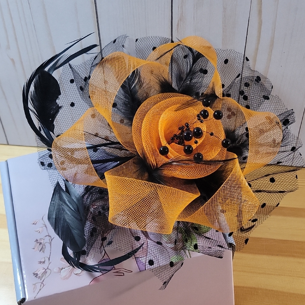 Elegant Orange and Black Fascinator with clip and headband